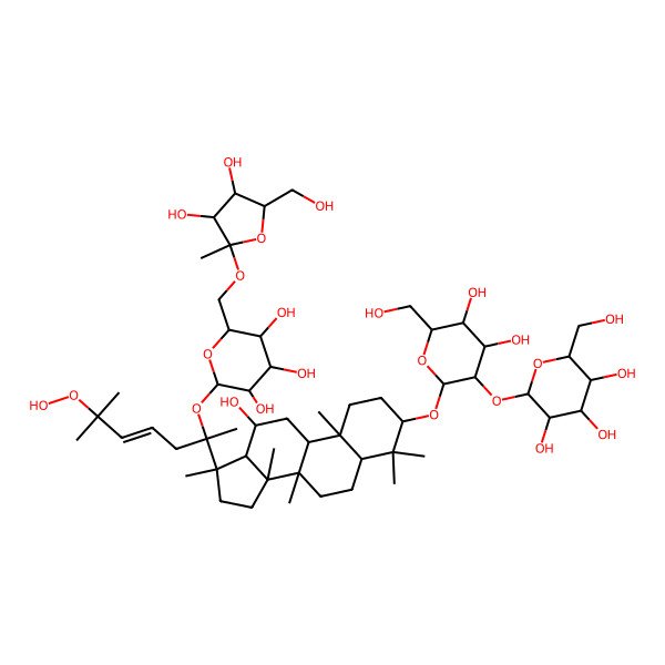 2D Structure of 2-[2-[[17-[2-[6-[[3,4-Dihydroxy-5-(hydroxymethyl)-2-methyloxolan-2-yl]oxymethyl]-3,4,5-trihydroxyoxan-2-yl]oxy-6-hydroperoxy-6-methylhept-4-en-2-yl]-12-hydroxy-4,4,8,10,14,17-hexamethyl-1,2,3,5,6,7,9,11,12,13,15,16-dodecahydrocyclopenta[a]phenanthren-3-yl]oxy]-4,5-dihydroxy-6-(hydroxymethyl)oxan-3-yl]oxy-6-(hydroxymethyl)oxane-3,4,5-triol