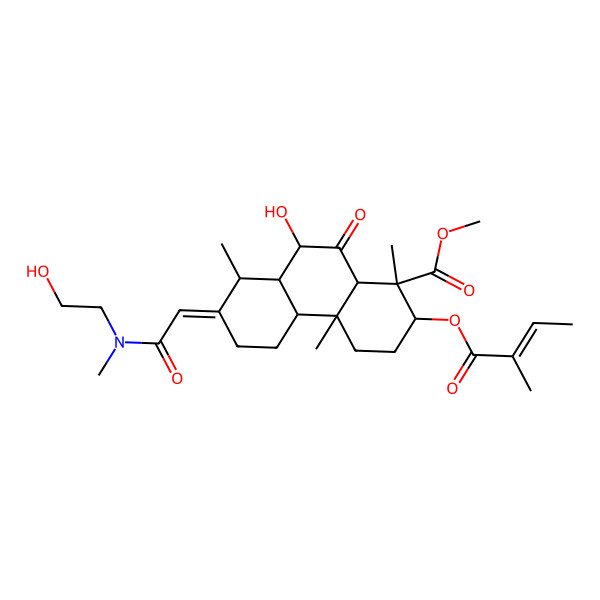2D Structure of Methyl 9-hydroxy-7-[2-[2-hydroxyethyl(methyl)amino]-2-oxoethylidene]-1,4a,8-trimethyl-2-(2-methylbut-2-enoyloxy)-10-oxo-2,3,4,4b,5,6,8,8a,9,10a-decahydrophenanthrene-1-carboxylate
