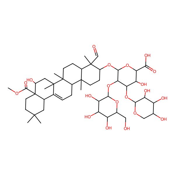 2D Structure of 6-[(4-Formyl-8-hydroxy-8a-methoxycarbonyl-4,6a,6b,11,11,14b-hexamethyl-1,2,3,4a,5,6,7,8,9,10,12,12a,14,14a-tetradecahydropicen-3-yl)oxy]-3-hydroxy-5-[3,4,5-trihydroxy-6-(hydroxymethyl)oxan-2-yl]oxy-4-(3,4,5-trihydroxyoxan-2-yl)oxyoxane-2-carboxylic acid