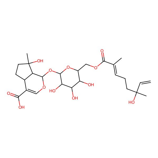 2D Structure of 7-hydroxy-7-methyl-1-[3,4,5-trihydroxy-6-[(6-hydroxy-2,6-dimethylocta-2,7-dienoyl)oxymethyl]oxan-2-yl]oxy-4a,5,6,7a-tetrahydro-1H-cyclopenta[c]pyran-4-carboxylic acid