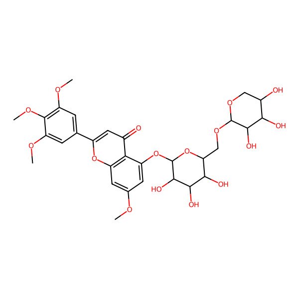 2D Structure of 7-methoxy-5-[(2S,3S,4S,5S,6R)-3,4,5-trihydroxy-6-[[(2R,3R,4R,5R)-3,4,5-trihydroxyoxan-2-yl]oxymethyl]oxan-2-yl]oxy-2-(3,4,5-trimethoxyphenyl)chromen-4-one