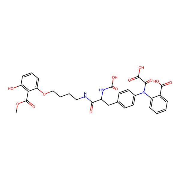2D Structure of 2-{4-[2-(S)-Allyloxycarbonylamino-3-{4-[(2-carboxy-phenyl)-oxalyl-amino]-phenyl}-propionylamino]-butoxy}-6-hydroxy-benz oic acid methyl ester