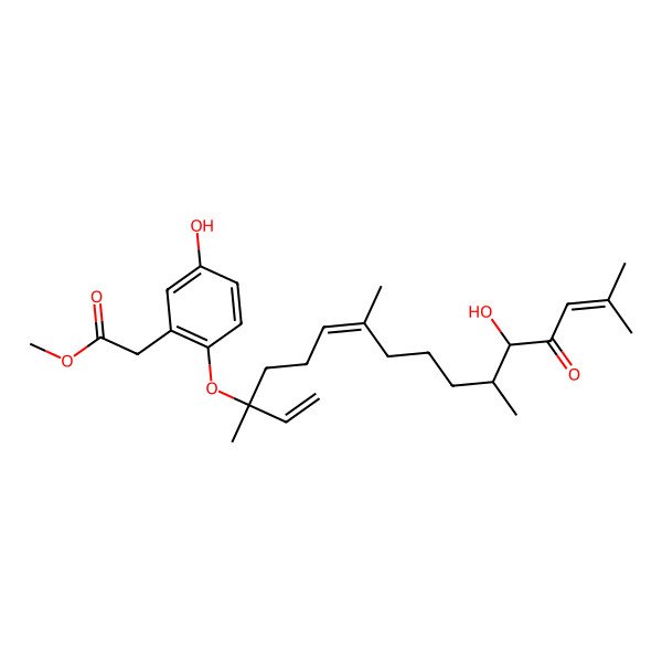 2D Structure of methyl 2-[5-hydroxy-2-[(6E,12R)-12-hydroxy-3,7,11,15-tetramethyl-13-oxohexadeca-1,6,14-trien-3-yl]oxyphenyl]acetate