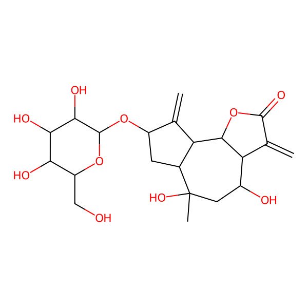 2D Structure of (3aS,4R,6R,6aR,8S,9aR,9bR)-4,6-dihydroxy-6-methyl-3,9-dimethylidene-8-[(2R,3R,4S,5S,6R)-3,4,5-trihydroxy-6-(hydroxymethyl)oxan-2-yl]oxy-3a,4,5,6a,7,8,9a,9b-octahydroazuleno[4,5-b]furan-2-one