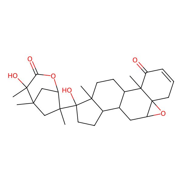 2D Structure of (1S,2R,7S,9R,11S,12S,15R,16S)-15-hydroxy-15-[(1R,4R,5R,7S)-4-hydroxy-4,5,7-trimethyl-3-oxo-2-oxabicyclo[3.2.1]octan-7-yl]-2,16-dimethyl-8-oxapentacyclo[9.7.0.02,7.07,9.012,16]octadec-4-en-3-one