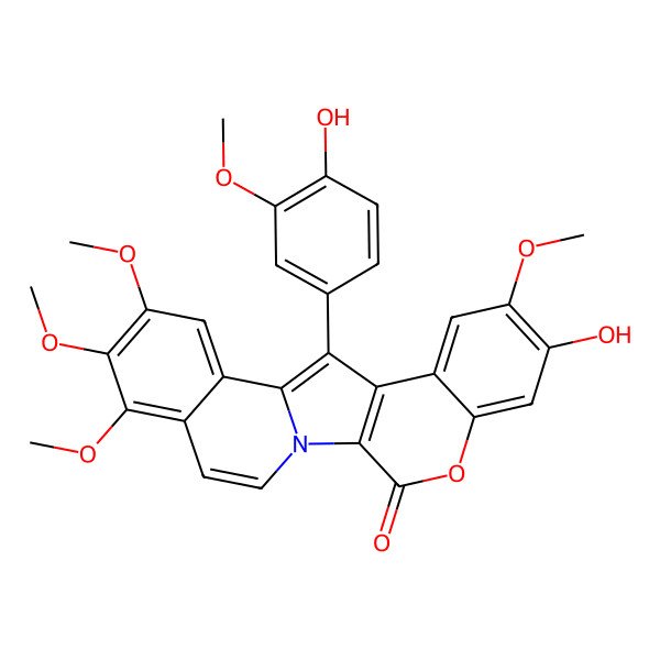 2D Structure of 7-Hydroxy-12-(4-hydroxy-3-methoxyphenyl)-8,16,17,18-tetramethoxy-4-oxa-1-azapentacyclo[11.8.0.02,11.05,10.014,19]henicosa-2(11),5,7,9,12,14,16,18,20-nonaen-3-one