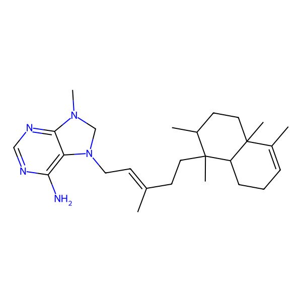 2D Structure of 7-[(E)-5-[(1S,2R,4aR,8aR)-1,2,4a,5-tetramethyl-2,3,4,7,8,8a-hexahydronaphthalen-1-yl]-3-methylpent-2-enyl]-9-methyl-8H-purin-6-amine