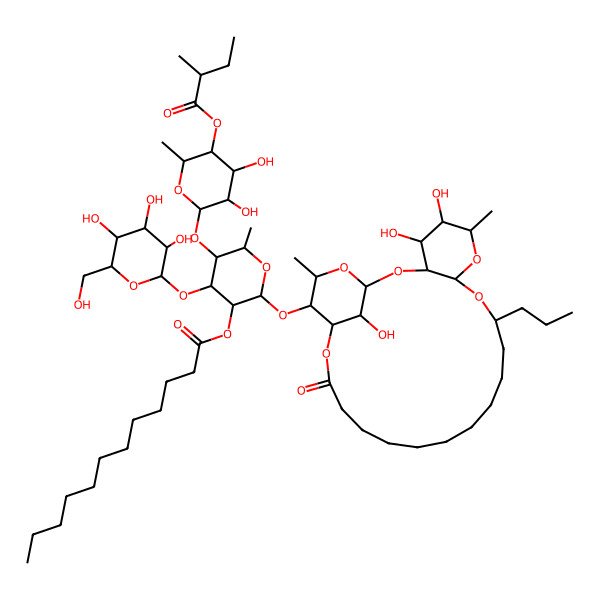 2D Structure of [(2S,3R,4R,5S,6S)-5-[(2S,3R,4S,5R,6S)-3,4-dihydroxy-6-methyl-5-[(2S)-2-methylbutanoyl]oxyoxan-2-yl]oxy-6-methyl-2-[[(1S,3R,4S,5R,6R,8R,10S,22S,23S,24S,26R)-4,5,26-trihydroxy-6,24-dimethyl-20-oxo-10-propyl-2,7,9,21,25-pentaoxatricyclo[20.3.1.03,8]hexacosan-23-yl]oxy]-4-[(2S,3R,4S,5S,6R)-3,4,5-trihydroxy-6-(hydroxymethyl)oxan-2-yl]oxyoxan-3-yl] dodecanoate