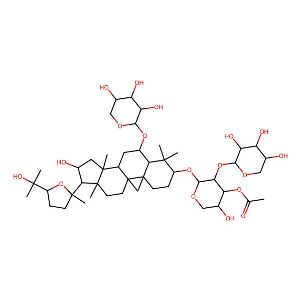 2D Structure of [(2S,3R,4S,5R)-5-hydroxy-2-[[(1S,3R,6S,8S,9S,11R,12S,14S,15R,16R)-14-hydroxy-15-[(2S,5R)-5-(2-hydroxypropan-2-yl)-2-methyloxolan-2-yl]-7,7,12,16-tetramethyl-9-[(2S,3R,4S,5R)-3,4,5-trihydroxyoxan-2-yl]oxy-6-pentacyclo[9.7.0.01,3.03,8.012,16]octadecanyl]oxy]-3-[(2S,3R,4S,5S)-3,4,5-trihydroxyoxan-2-yl]oxyoxan-4-yl] acetate