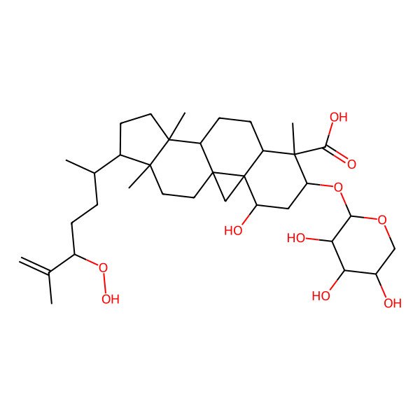 2D Structure of 15-(5-Hydroperoxy-6-methylhept-6-en-2-yl)-4-hydroxy-7,12,16-trimethyl-6-(3,4,5-trihydroxyoxan-2-yl)oxypentacyclo[9.7.0.01,3.03,8.012,16]octadecane-7-carboxylic acid