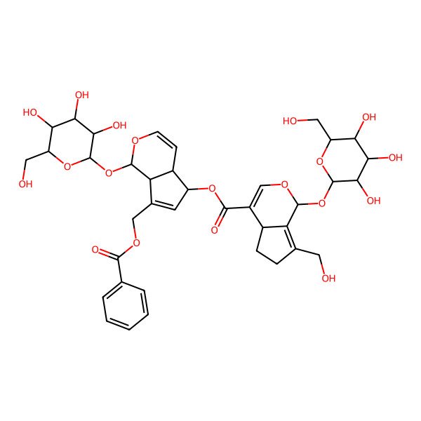 2D Structure of [7-(Benzoyloxymethyl)-1-[3,4,5-trihydroxy-6-(hydroxymethyl)oxan-2-yl]oxy-1,4a,5,7a-tetrahydrocyclopenta[c]pyran-5-yl] 7-(hydroxymethyl)-1-[3,4,5-trihydroxy-6-(hydroxymethyl)oxan-2-yl]oxy-1,4a,5,6-tetrahydrocyclopenta[c]pyran-4-carboxylate