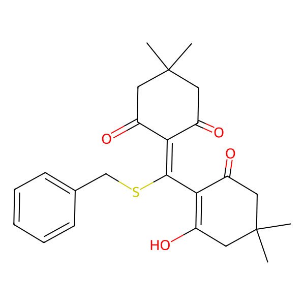 2D Structure of 2-[Benzylsulfanyl-(2-hydroxy-4,4-dimethyl-6-oxocyclohexen-1-yl)methylidene]-5,5-dimethylcyclohexane-1,3-dione