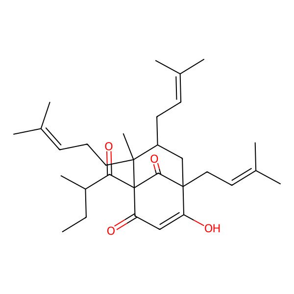 2D Structure of (1S,5S,7S,8R)-4-hydroxy-8-methyl-1-[(2R)-2-methylbutanoyl]-5,7-bis(3-methylbut-2-enyl)-8-(4-methylpent-3-enyl)bicyclo[3.3.1]non-3-ene-2,9-dione