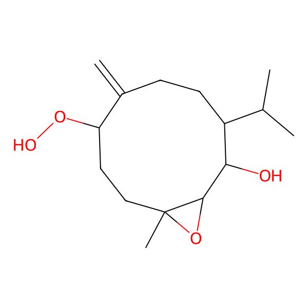 2D Structure of (1S,2S,3S,7R,10R)-7-hydroperoxy-10-methyl-6-methylidene-3-propan-2-yl-11-oxabicyclo[8.1.0]undecan-2-ol