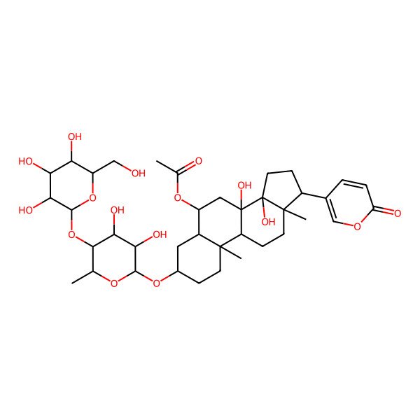 2D Structure of [(3S,5S,6R,8S,9R,10S,13R,14R,17R)-3-[(2R,3R,4S,5R,6S)-3,4-dihydroxy-6-methyl-5-[(2S,3R,4S,5S,6R)-3,4,5-trihydroxy-6-(hydroxymethyl)oxan-2-yl]oxyoxan-2-yl]oxy-8,14-dihydroxy-10,13-dimethyl-17-(6-oxopyran-3-yl)-2,3,4,5,6,7,9,11,12,15,16,17-dodecahydro-1H-cyclopenta[a]phenanthren-6-yl] acetate