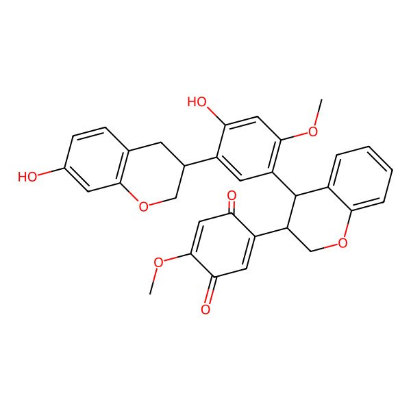 2D Structure of 2-[(3R,4S)-4-[4-hydroxy-5-[(3R)-7-hydroxy-3,4-dihydro-2H-chromen-3-yl]-2-methoxyphenyl]-3,4-dihydro-2H-chromen-3-yl]-5-methoxycyclohexa-2,5-diene-1,4-dione