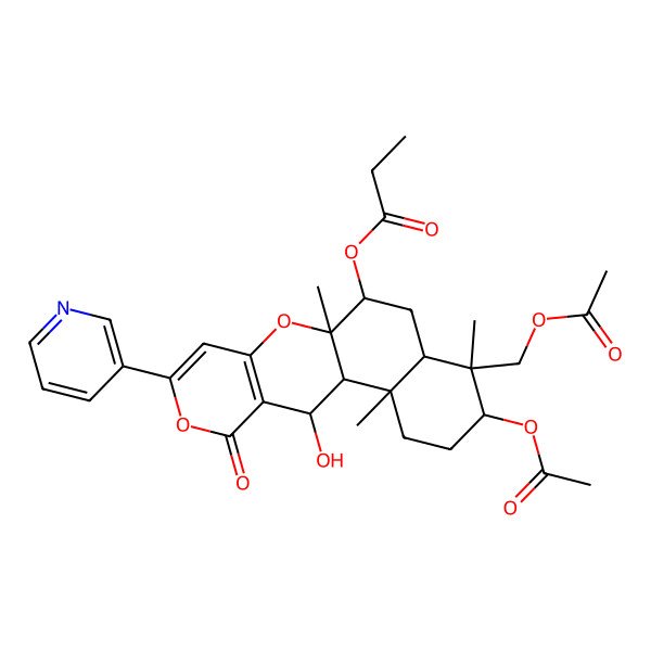 2D Structure of [(1S,2S,5S,6R,7R,9S,10S,18R)-5-acetyloxy-6-(acetyloxymethyl)-18-hydroxy-2,6,10-trimethyl-16-oxo-14-pyridin-3-yl-11,15-dioxatetracyclo[8.8.0.02,7.012,17]octadeca-12(17),13-dien-9-yl] propanoate