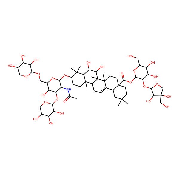 2D Structure of [(2S,3R,4S,5S,6R)-3-[(2S,3R,4R)-3,4-dihydroxy-4-(hydroxymethyl)oxolan-2-yl]oxy-4,5-dihydroxy-6-(hydroxymethyl)oxan-2-yl] (4aS,6aR,6aR,6bR,7S,8R,8aR,10S,12aR,14bS)-10-[(2R,3R,4R,5S,6R)-3-acetamido-5-hydroxy-4-[(2S,3R,4S,5R)-3,4,5-trihydroxyoxan-2-yl]oxy-6-[[(2S,3R,4S,5S)-3,4,5-trihydroxyoxan-2-yl]oxymethyl]oxan-2-yl]oxy-7,8-dihydroxy-2,2,6a,6b,9,9,12a-heptamethyl-1,3,4,5,6,6a,7,8,8a,10,11,12,13,14b-tetradecahydropicene-4a-carboxylate