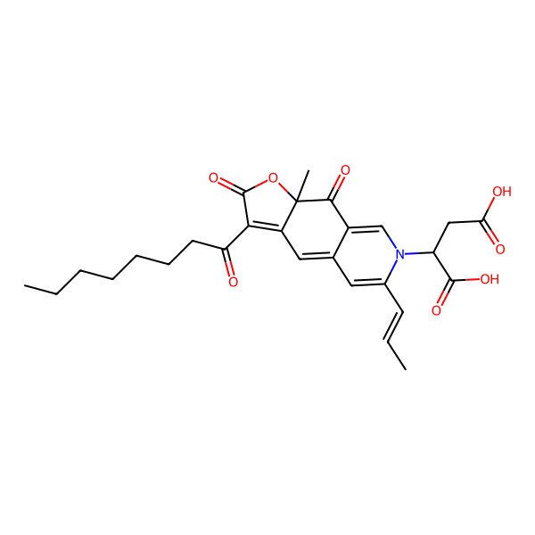 2D Structure of (2S)-2-[(9aR)-9a-methyl-3-octanoyl-2,9-dioxo-6-[(E)-prop-1-enyl]furo[3,2-g]isoquinolin-7-yl]butanedioic acid