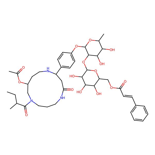 2D Structure of [(2R,3S,4S,5R,6S)-6-[(2S,3R,4R,5R,6S)-2-[4-[(2S,11R)-11-acetyloxy-9-[(2S)-2-methylbutanoyl]-4-oxo-1,5,9-triazacyclotridec-2-yl]phenoxy]-4,5-dihydroxy-6-methyloxan-3-yl]oxy-3,4,5-trihydroxyoxan-2-yl]methyl (E)-3-phenylprop-2-enoate