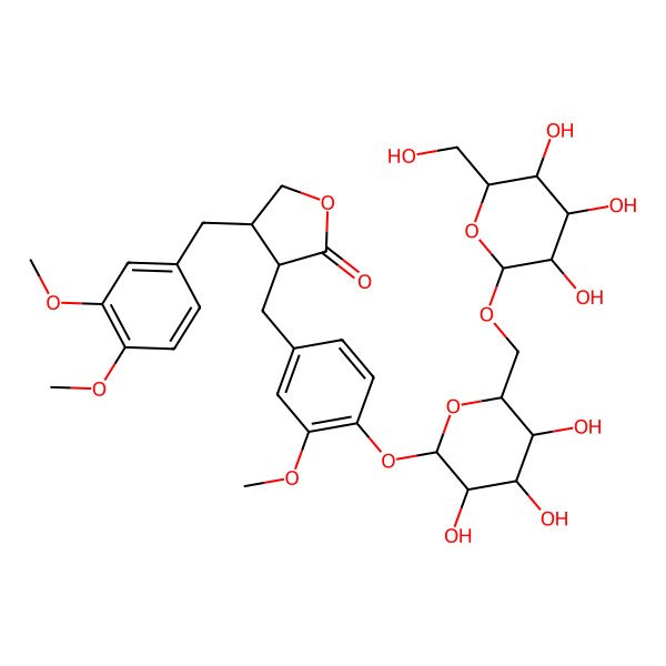 2D Structure of (3R,4S)-4-[(3,4-dimethoxyphenyl)methyl]-3-[[3-methoxy-4-[(2S,3R,4S,5S,6R)-3,4,5-trihydroxy-6-[[(2R,3R,4S,5S,6R)-3,4,5-trihydroxy-6-(hydroxymethyl)oxan-2-yl]oxymethyl]oxan-2-yl]oxyphenyl]methyl]oxolan-2-one