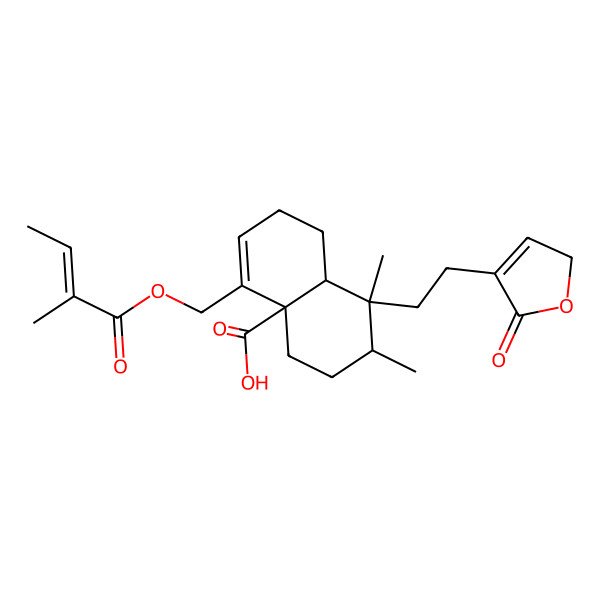 2D Structure of 7,8-dimethyl-4-(2-methylbut-2-enoyloxymethyl)-8-[2-(5-oxo-2H-furan-4-yl)ethyl]-1,2,5,6,7,8a-hexahydronaphthalene-4a-carboxylic acid