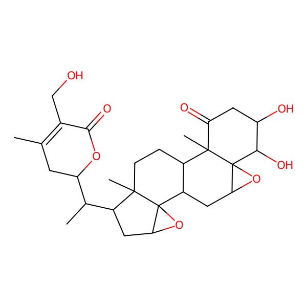 2D Structure of (1S,2R,5S,6S,7R,9R,11R,12R,14S,16R,17R)-5,6-dihydroxy-16-[(1S)-1-[(2R)-5-(hydroxymethyl)-4-methyl-6-oxo-2,3-dihydropyran-2-yl]ethyl]-2,17-dimethyl-8,13-dioxahexacyclo[9.8.0.02,7.07,9.012,14.012,17]nonadecan-3-one