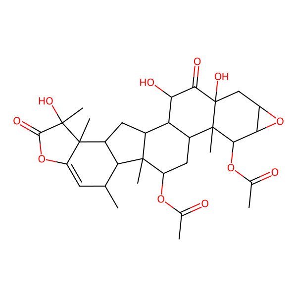 2D Structure of [(1S,2S,3S,5R,7S,9S,10R,11S,12S,14S,15S,16S,17S,22R,23S)-10-acetyloxy-3,5,22-trihydroxy-11,15,17,22,23-pentamethyl-4,21-dioxo-8,20-dioxaheptacyclo[13.10.0.02,12.05,11.07,9.016,24.019,23]pentacos-18-en-14-yl] acetate