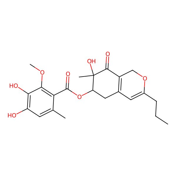 2D Structure of (7-hydroxy-7-methyl-8-oxo-3-propyl-5,6-dihydro-1H-isochromen-6-yl) 3,4-dihydroxy-2-methoxy-6-methylbenzoate
