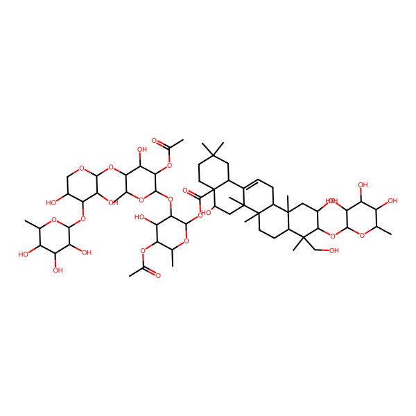 2D Structure of [(2S,3R,4S,5R,6R)-5-acetyloxy-3-[(2S,3R,4R,5R,6S)-3-acetyloxy-5-[(2S,3R,4S,5R)-3,5-dihydroxy-4-[(2S,3R,4R,5R,6S)-3,4,5-trihydroxy-6-methyloxan-2-yl]oxyoxan-2-yl]oxy-4-hydroxy-6-methyloxan-2-yl]oxy-4-hydroxy-6-methyloxan-2-yl] (4aR,5R,6aR,6aS,6bR,8aR,9R,10R,11S,12aR,14bS)-5,11-dihydroxy-9-(hydroxymethyl)-2,2,6a,6b,9,12a-hexamethyl-10-[(2S,3R,4R,5R,6S)-3,4,5-trihydroxy-6-methyloxan-2-yl]oxy-1,3,4,5,6,6a,7,8,8a,10,11,12,13,14b-tetradecahydropicene-4a-carboxylate