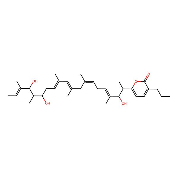 2D Structure of 3-propyl-6-[(3S,4E,7E,10E,12E,15R,16R,17S,18E)-3,15,17-trihydroxy-4,8,10,12,16,18-hexamethylicosa-4,7,10,12,18-pentaen-2-yl]pyran-2-one