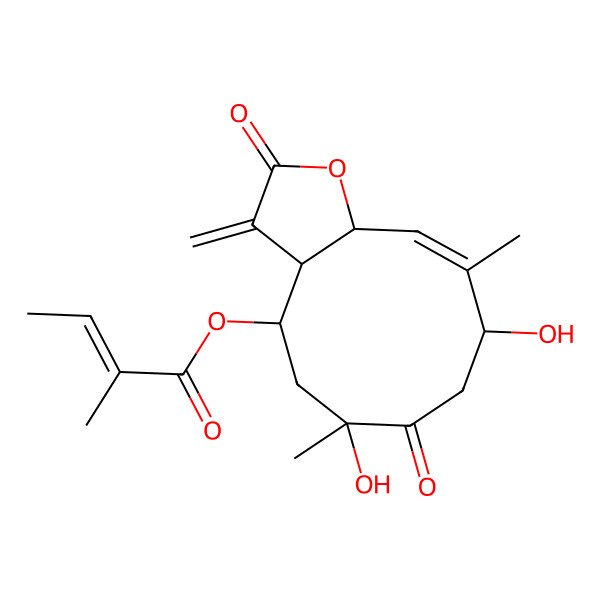 2D Structure of [(3aR,4R,6R,9R,10Z,11aS)-6,9-dihydroxy-6,10-dimethyl-3-methylidene-2,7-dioxo-3a,4,5,8,9,11a-hexahydrocyclodeca[b]furan-4-yl] (E)-2-methylbut-2-enoate