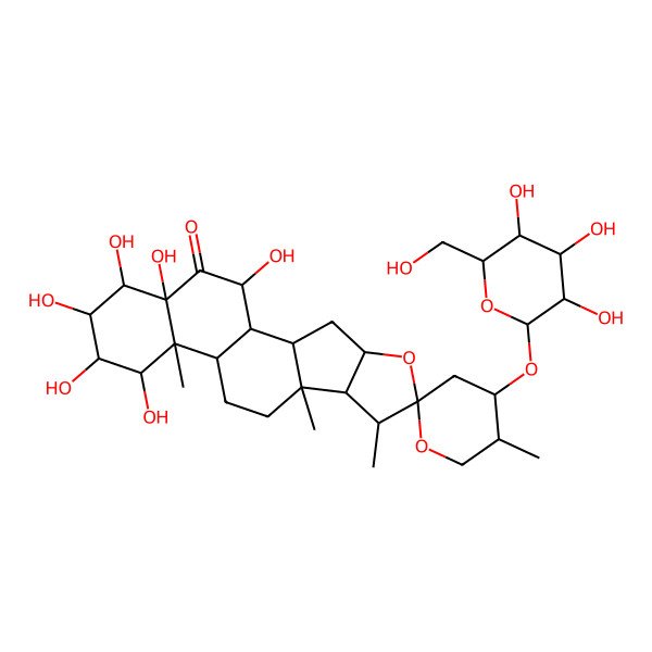 2D Structure of 14,15,16,17,18,20-Hexahydroxy-5',7,9,13-tetramethyl-4'-[3,4,5-trihydroxy-6-(hydroxymethyl)oxan-2-yl]oxyspiro[5-oxapentacyclo[10.8.0.02,9.04,8.013,18]icosane-6,2'-oxane]-19-one