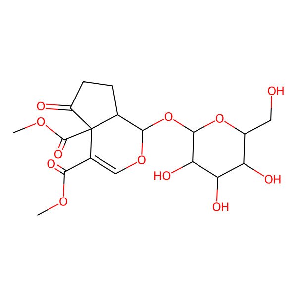 2D Structure of dimethyl (1S,4aR,7aR)-5-oxo-1-[(2S,3R,4S,5S,6R)-3,4,5-trihydroxy-6-(hydroxymethyl)oxan-2-yl]oxy-1,6,7,7a-tetrahydrocyclopenta[c]pyran-4,4a-dicarboxylate