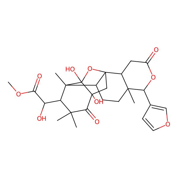 2D Structure of methyl (2S)-2-[(1S,2R,6R,7R,10R,11S,12S,15R,16R)-6-(furan-3-yl)-15,16-dihydroxy-7,11,13,13-tetramethyl-4,14-dioxo-5,17-dioxapentacyclo[13.2.1.01,10.02,7.011,16]octadecan-12-yl]-2-hydroxyacetate