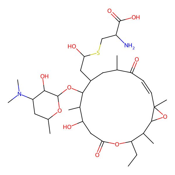 2D Structure of (2R)-2-amino-3-[(1R)-2-[(1S,2S,3S,7S,8R,9S,10S,12R,14E,16R)-9-[(2R,3R,4R,6S)-4-(dimethylamino)-3-hydroxy-6-methyloxan-2-yl]oxy-3-ethyl-7-hydroxy-2,8,12,16-tetramethyl-5,13-dioxo-4,17-dioxabicyclo[14.1.0]heptadec-14-en-10-yl]-1-hydroxyethyl]sulfanylpropanoic acid
