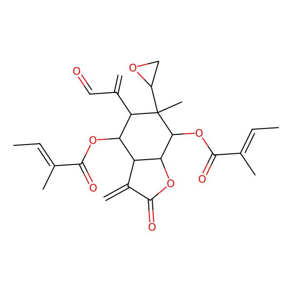 2D Structure of [6-methyl-7-(2-methylbut-2-enoyloxy)-3-methylidene-6-(oxiran-2-yl)-2-oxo-5-(3-oxoprop-1-en-2-yl)-4,5,7,7a-tetrahydro-3aH-1-benzofuran-4-yl] 2-methylbut-2-enoate