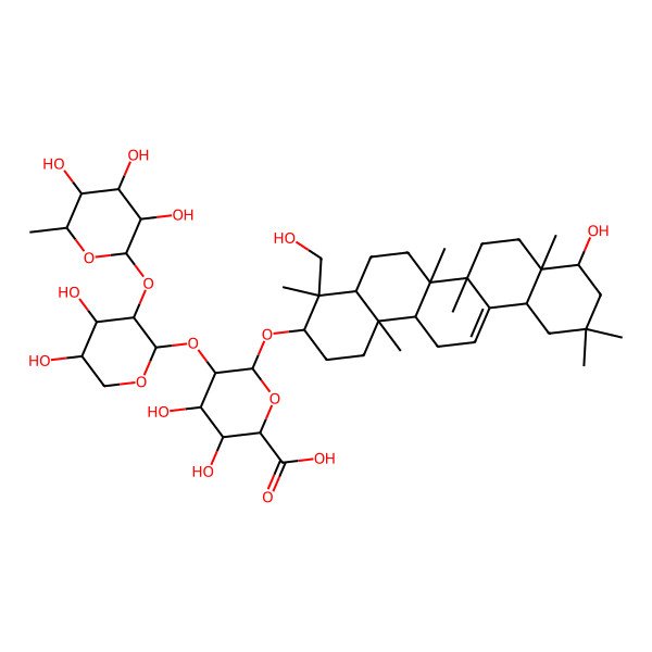 2D Structure of (2S,3S,4S,5R,6R)-6-[[(3S,4S,4aR,6aR,6bS,8aR,9R,12aS,14aR,14bR)-9-hydroxy-4-(hydroxymethyl)-4,6a,6b,8a,11,11,14b-heptamethyl-1,2,3,4a,5,6,7,8,9,10,12,12a,14,14a-tetradecahydropicen-3-yl]oxy]-5-[(2S,3R,4R,5R)-4,5-dihydroxy-3-[(2S,3R,4R,5R,6S)-3,4,5-trihydroxy-6-methyloxan-2-yl]oxyoxan-2-yl]oxy-3,4-dihydroxyoxane-2-carboxylic acid