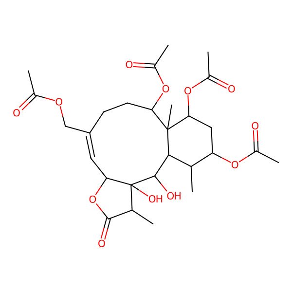 2D Structure of [(1S,2R,3R,4R,7S,8E,12R,13S,14S,16R,17R)-12,14,16-triacetyloxy-2,3-dihydroxy-4,13,17-trimethyl-5-oxo-6-oxatricyclo[11.4.0.03,7]heptadec-8-en-9-yl]methyl acetate