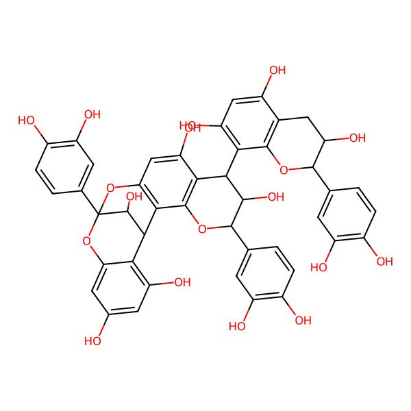 2D Structure of (1R,5R,6R,7R,13S,21R)-5,13-bis(3,4-dihydroxyphenyl)-7-[(2S,3S)-2-(3,4-dihydroxyphenyl)-3,5,7-trihydroxy-3,4-dihydro-2H-chromen-8-yl]-4,12,14-trioxapentacyclo[11.7.1.02,11.03,8.015,20]henicosa-2(11),3(8),9,15,17,19-hexaene-6,9,17,19,21-pentol