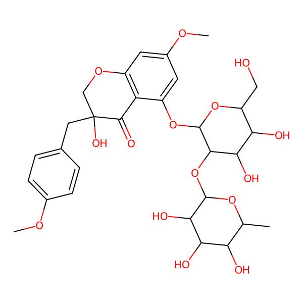 2D Structure of 5-[4,5-dihydroxy-6-(hydroxymethyl)-3-(3,4,5-trihydroxy-6-methyloxan-2-yl)oxyoxan-2-yl]oxy-3-hydroxy-7-methoxy-3-[(4-methoxyphenyl)methyl]-2H-chromen-4-one