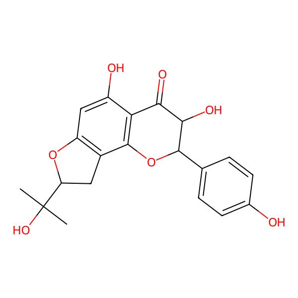 2D Structure of (2R,3R,8R)-3,5-dihydroxy-2-(4-hydroxyphenyl)-8-(2-hydroxypropan-2-yl)-2,3,8,9-tetrahydrofuro[2,3-h]chromen-4-one