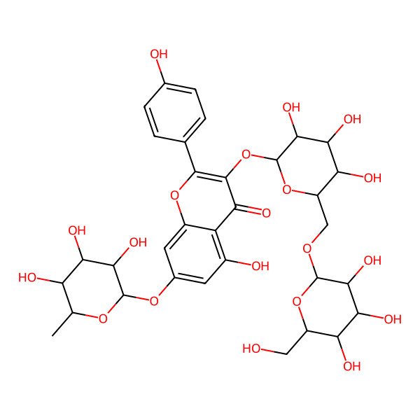 2D Structure of 5-hydroxy-2-(4-hydroxyphenyl)-7-[(2S,3R,4S,5R,6S)-3,4,5-trihydroxy-6-methyloxan-2-yl]oxy-3-[(2S,3R,4S,5S,6R)-3,4,5-trihydroxy-6-[[(2R,3R,4S,5S,6R)-3,4,5-trihydroxy-6-(hydroxymethyl)oxan-2-yl]oxymethyl]oxan-2-yl]oxychromen-4-one