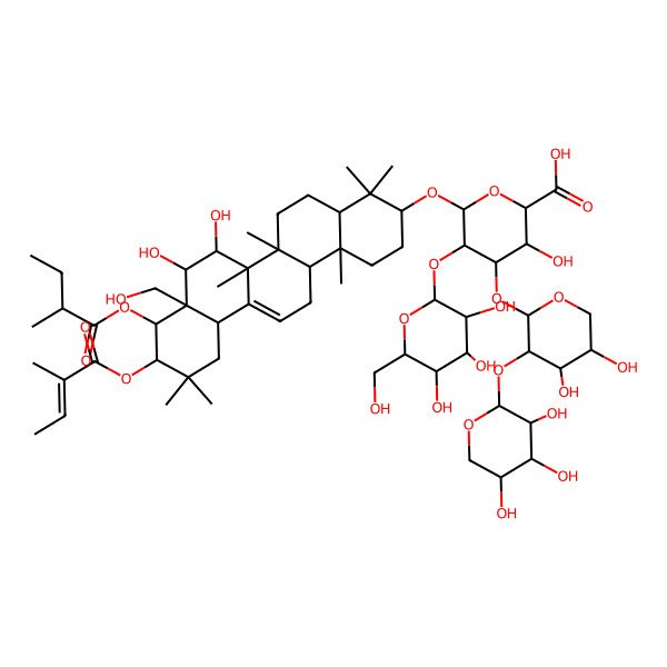2D Structure of (2S,3S,4S,5R,6R)-6-[[(3S,4aR,6aR,6bS,7R,8S,8aR,9R,10R,12aS,14aR,14bR)-7,8-dihydroxy-8a-(hydroxymethyl)-4,4,6a,6b,11,11,14b-heptamethyl-9-[(2R)-2-methylbutanoyl]oxy-10-[(Z)-2-methylbut-2-enoyl]oxy-1,2,3,4a,5,6,7,8,9,10,12,12a,14,14a-tetradecahydropicen-3-yl]oxy]-4-[(2S,3R,4S,5S)-4,5-dihydroxy-3-[(2S,3R,4S,5R)-3,4,5-trihydroxyoxan-2-yl]oxyoxan-2-yl]oxy-3-hydroxy-5-[(2S,3R,4S,5R,6R)-3,4,5-trihydroxy-6-(hydroxymethyl)oxan-2-yl]oxyoxane-2-carboxylic acid