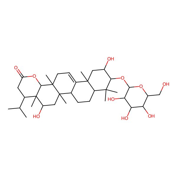 2D Structure of 4,17-Dihydroxy-2,5,11,15,19,19-hexamethyl-6-propan-2-yl-18-[3,4,5-trihydroxy-6-(hydroxymethyl)oxan-2-yl]oxy-9-oxapentacyclo[12.8.0.02,11.05,10.015,20]docos-13-en-8-one