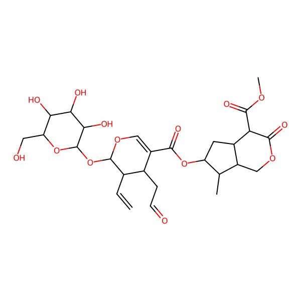 2D Structure of methyl (4R,4aR,6S,7R,7aR)-6-[(2S,3S,4R)-3-ethenyl-4-(2-oxoethyl)-2-[(2S,3S,4S,5R,6R)-3,4,5-trihydroxy-6-(hydroxymethyl)oxan-2-yl]oxy-3,4-dihydro-2H-pyran-5-carbonyl]oxy-7-methyl-3-oxo-4,4a,5,6,7,7a-hexahydro-1H-cyclopenta[c]pyran-4-carboxylate