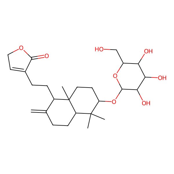 2D Structure of 4-[2-[5,5,8a-trimethyl-2-methylidene-6-[3,4,5-trihydroxy-6-(hydroxymethyl)oxan-2-yl]oxy-3,4,4a,6,7,8-hexahydro-1H-naphthalen-1-yl]ethyl]-2H-furan-5-one