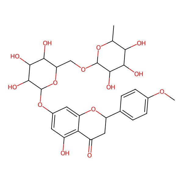 2D Structure of 5-hydroxy-2-(4-methoxyphenyl)-7-[(2S,3S,4R,5R,6R)-3,4,5-trihydroxy-6-[[(2R,3R,4S,5R,6R)-3,4,5-trihydroxy-6-methyloxan-2-yl]oxymethyl]oxan-2-yl]oxy-2,3-dihydrochromen-4-one