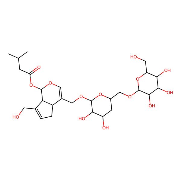 2D Structure of [(1R,4aR,7aR)-4-[[(2S,3R,4R,6R)-3,4-dihydroxy-6-[[(2S,3S,4R,5R,6R)-3,4,5-trihydroxy-6-(hydroxymethyl)oxan-2-yl]oxymethyl]oxan-2-yl]oxymethyl]-7-(hydroxymethyl)-1,4a,5,7a-tetrahydrocyclopenta[c]pyran-1-yl] 3-methylbutanoate