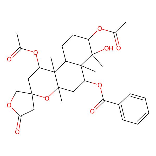 2D Structure of (1,8-Diacetyloxy-7-hydroxy-4a,6a,7,10b-tetramethyl-2'-oxospiro[1,2,5,6,8,9,10,10a-octahydrobenzo[f]chromene-3,4'-oxolane]-6-yl) benzoate